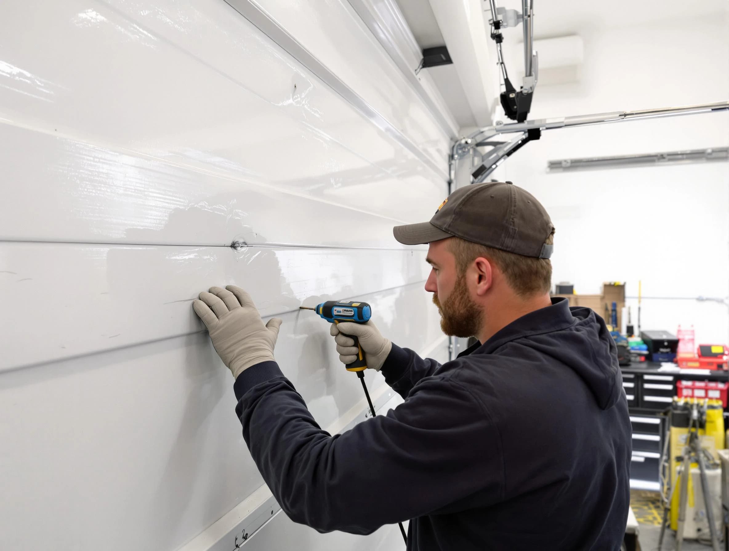 Aliquippa Garage Door Repair technician demonstrating precision dent removal techniques on a Aliquippa garage door